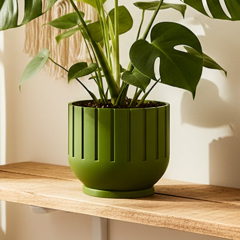 Modern Indoor Planter with Drainage – 3D Printed Fluted Plant Pot, Vertical Ribbed Design, Minimalist Decor Accent, Mid-Bubble Copper / 10 Inch + Drip