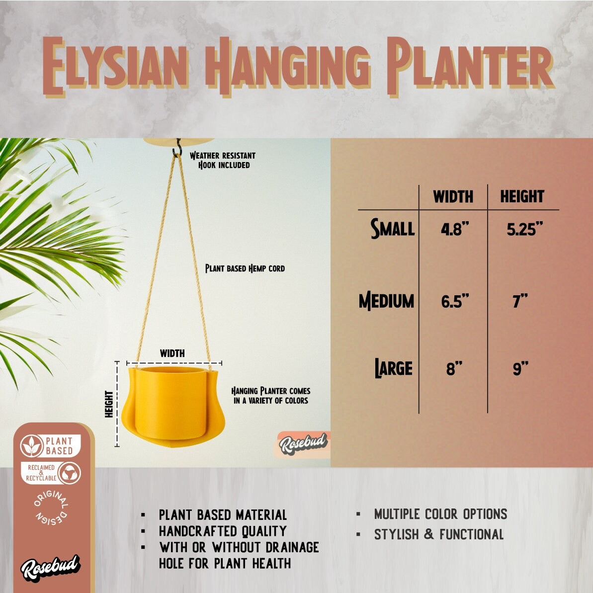 Hanging Planter - The Elysian | Modern 3D Printed Pot with Drainage | Indoor Outdoor | Sizes & Colors | Succulent, Herb, Flower, Gifts