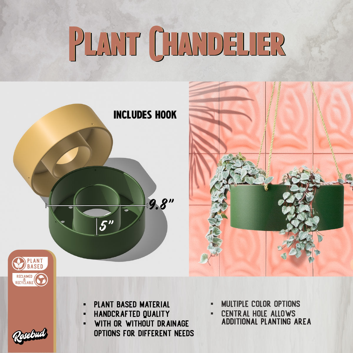 Modern Hanging Planter, Unique 3D Printed Indoor/Outdoor Plant Holder, Succulent Arrangements, Large Patio Plant Pots with Drainage