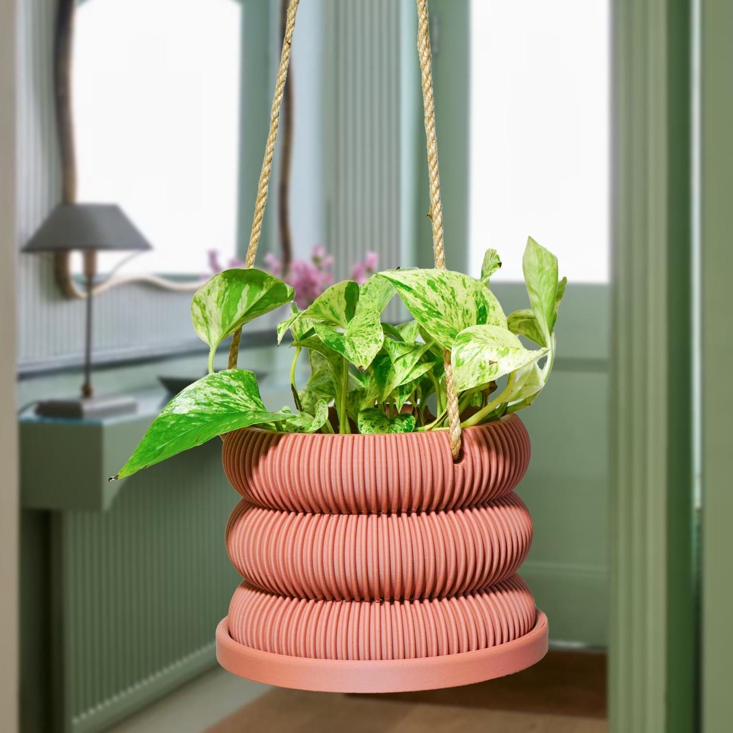 hanging planter with plant Hanging Planter for Plants With Attached Drip Tray, Indoor Outdoor Pot Unique Gift, Patio Decor, Cottagecore Decor, Entryway, Ribbed Bubble Rainbow /