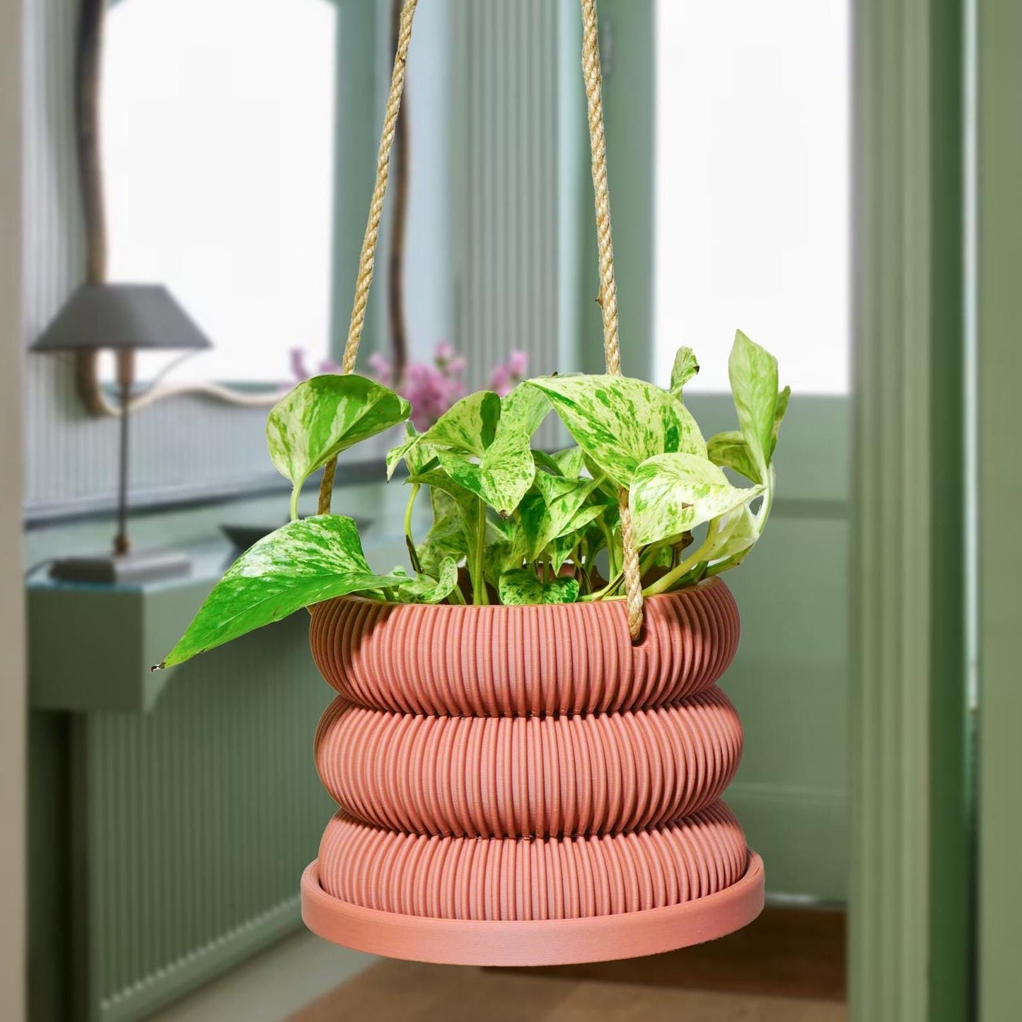 Hanging Planter for Plants With Attached Drip Tray, Indoor Outdoor Pot Unique Gift, Patio Decor, Cottagecore Decor, Entryway, Ribbed Bubble
