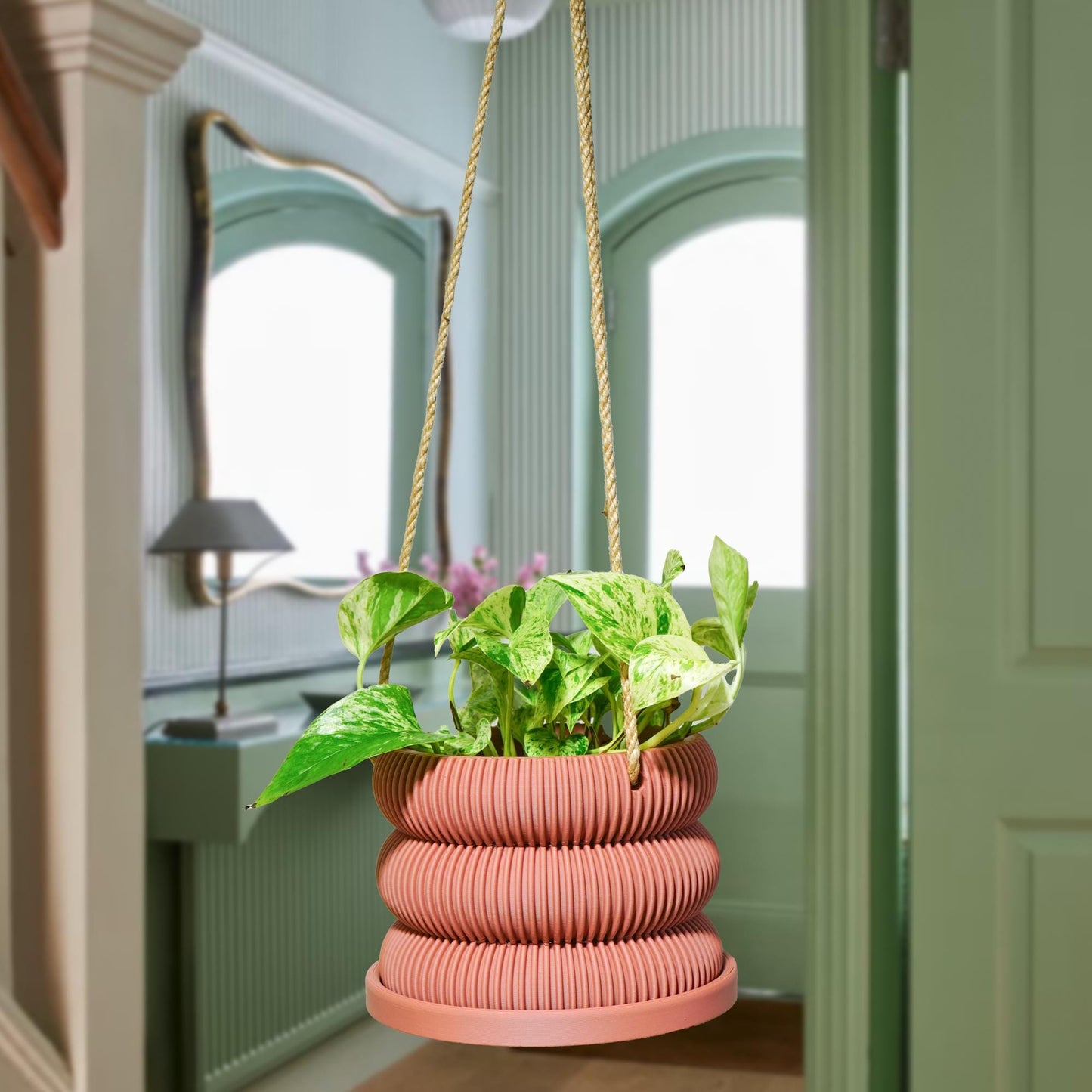 Hanging Planter for Plants With Attached Drip Tray, Indoor Outdoor Pot Unique Gift, Patio Decor, Cottagecore Decor, Entryway, Ribbed Bubble