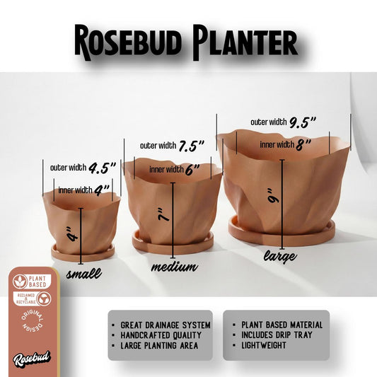 Modern Sculptural Planter with Drainage and Drip Tray Ripple Textured Plant Pot Indoor Minimalist Decor Small Medium Large, Rosebud