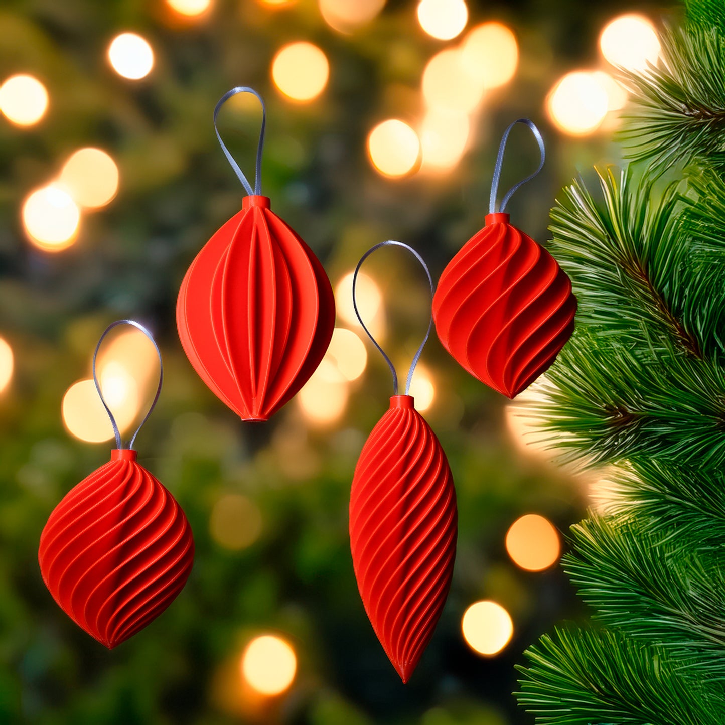 Modern Christmas Tree Ornaments, Set of 4 in Multiple Colors, Unique Holiday Hosting Decor, Gifts for Winter, Seamless Ornament Design