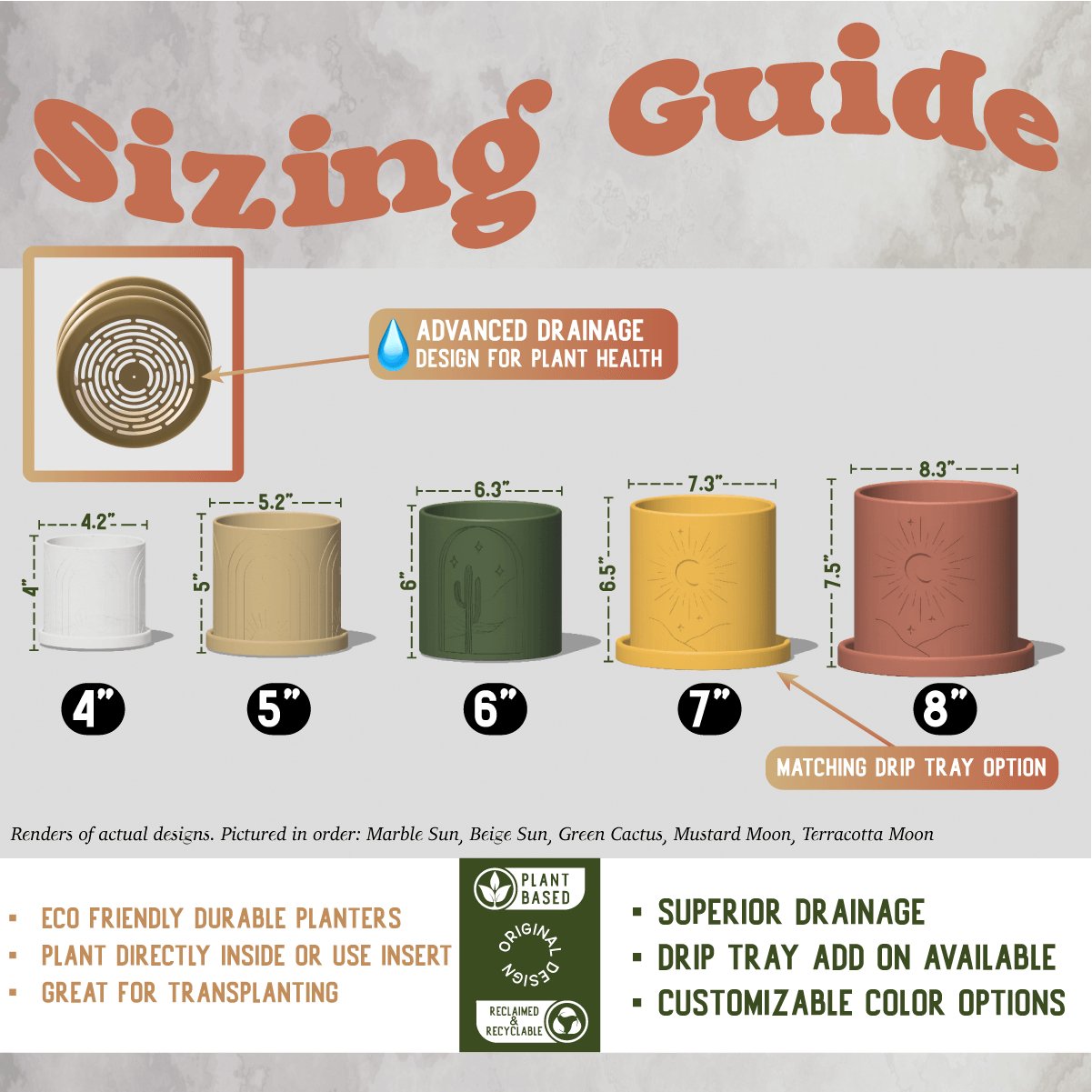 Sizing guide for All-Seeing Eye Planter from a Shopify store, featuring 3D printed planters in five sizes (4", 5", 6", 7", and 8") with excellent drainage designed for plant health, eco-friendly materials, customizable color options, and advanced drainage system.