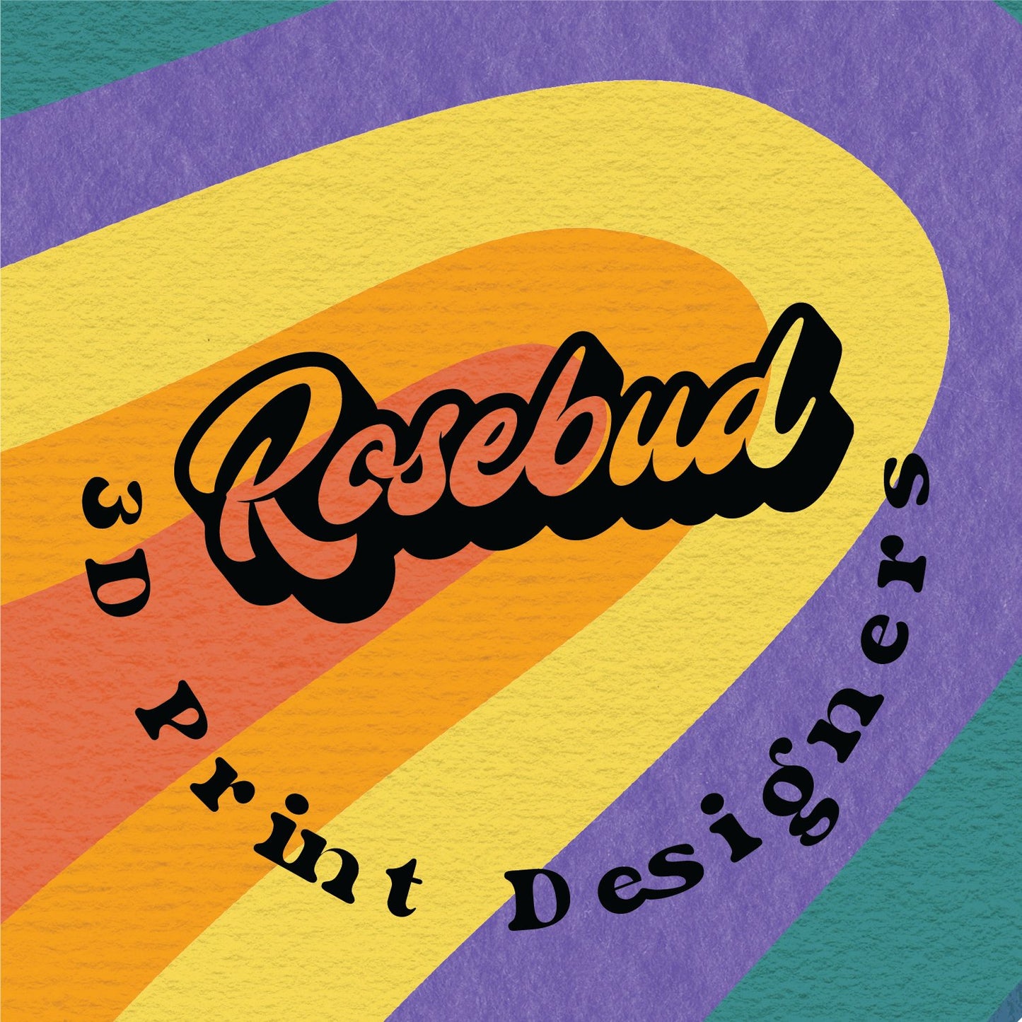 "Colorful retro-themed logo for Rosebud 3D Print Designers with stylized text and vibrant rainbow background."