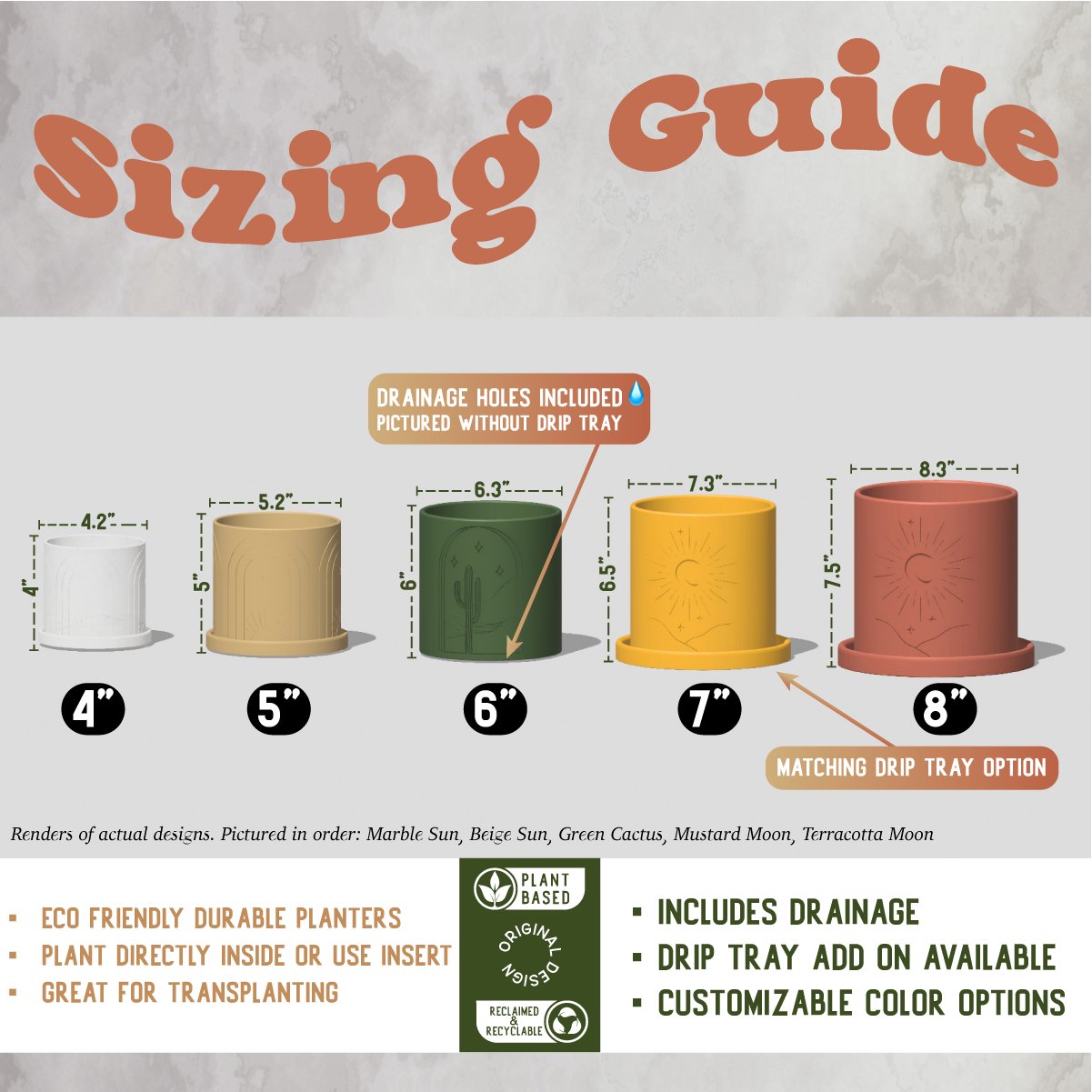 Sizing guide for Bubble Planter/ Donut Planter with Drainage. Displaying 4", 5", 6", 7", and 8" planters in multiple colors with drainage options and eco-friendly, customizable features. Ideal for plant lovers and home decor enthusiasts.