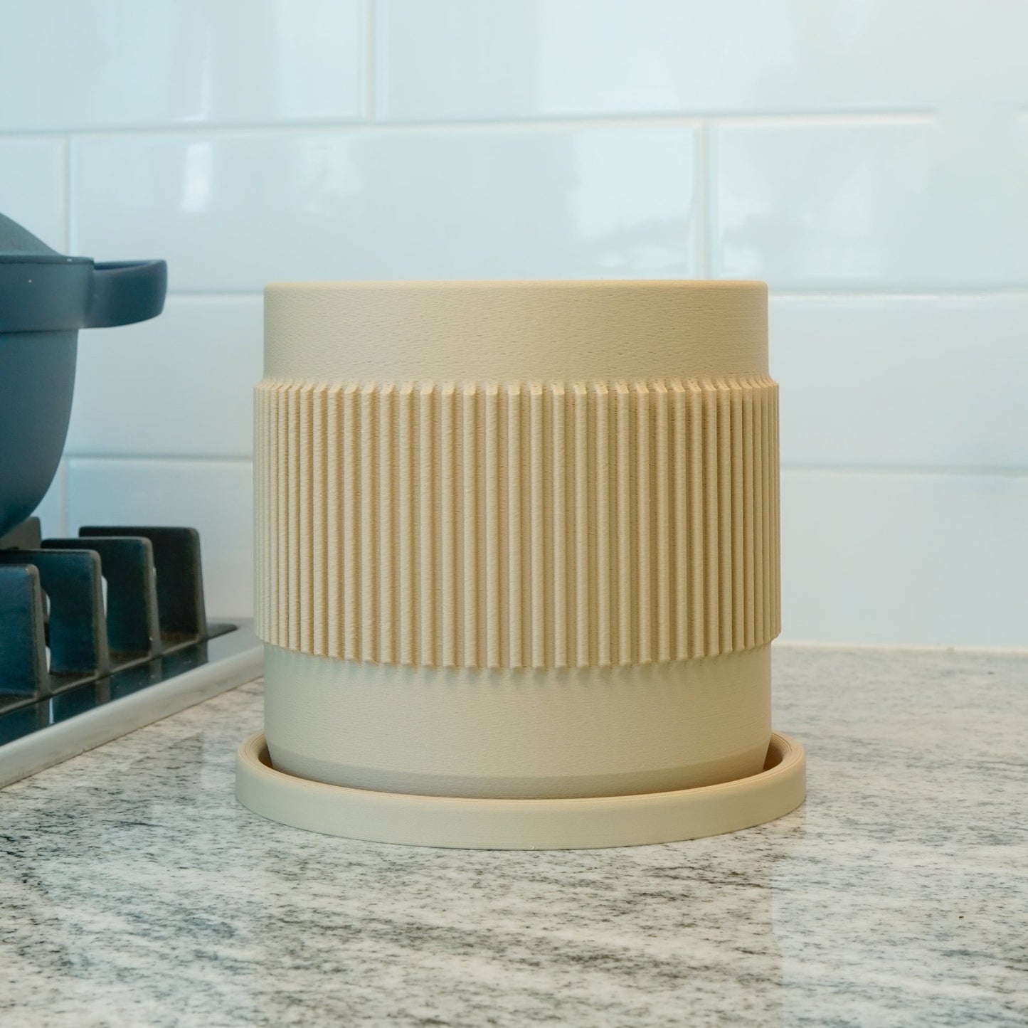 Mid-Century Ribbed Planter with Drainage and Saucer, 3D Printed Planter with Unique Modern Design, Lightweight Cottagecore Decor