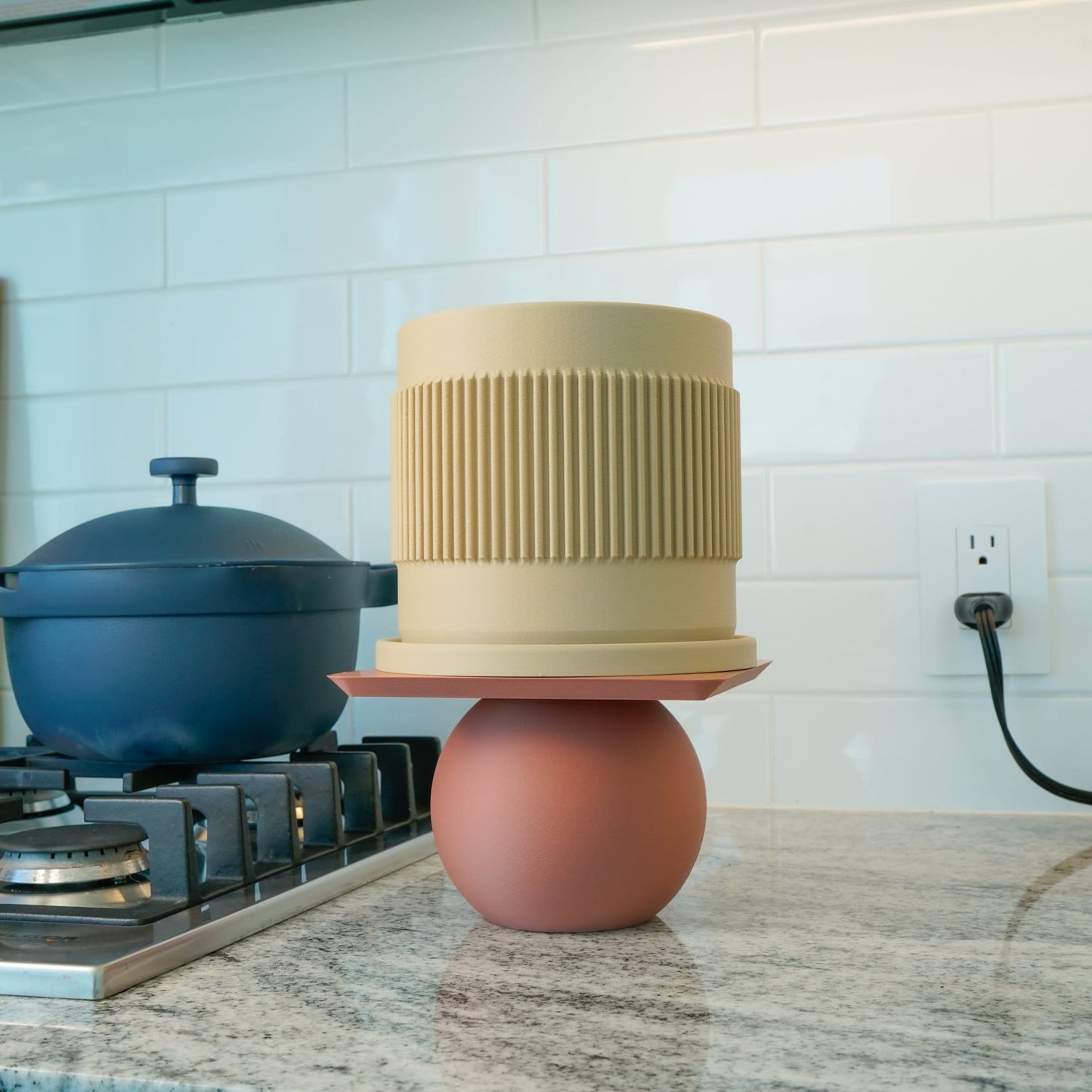 Mid-Century Ribbed Planter with Drainage and Saucer, 3D Printed Planter with Unique Modern Design, Lightweight Cottagecore Decor