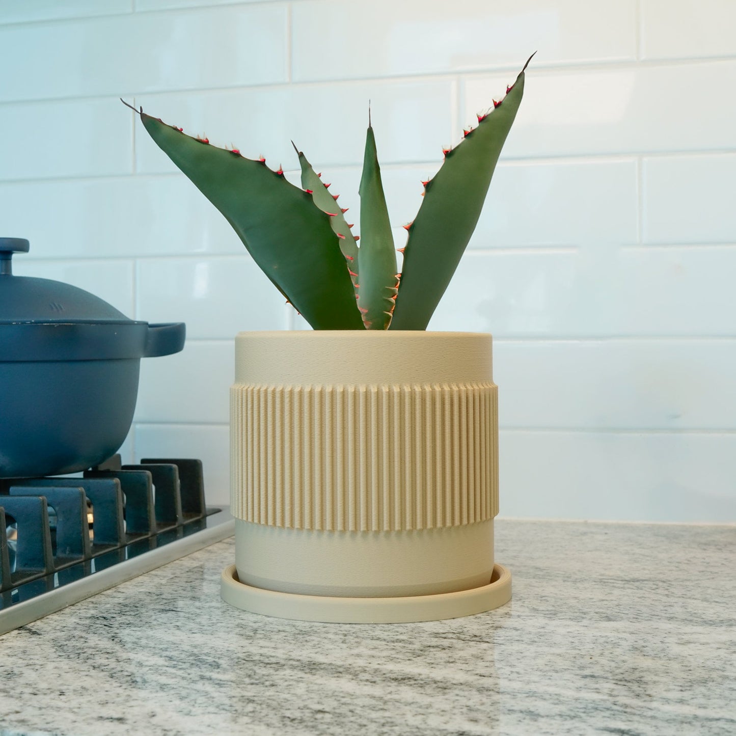 Mid-Century Ribbed Planter with Drainage and Saucer, 3D Printed Planter with Unique Modern Design, Lightweight Cottagecore Decor