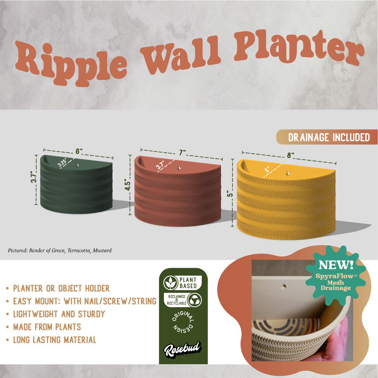 Pink Wall Planter with or without drainage 'RIPPLE DESIGN' - Rosebud HomeGoods Pink Reg MODERN HOME GOOD