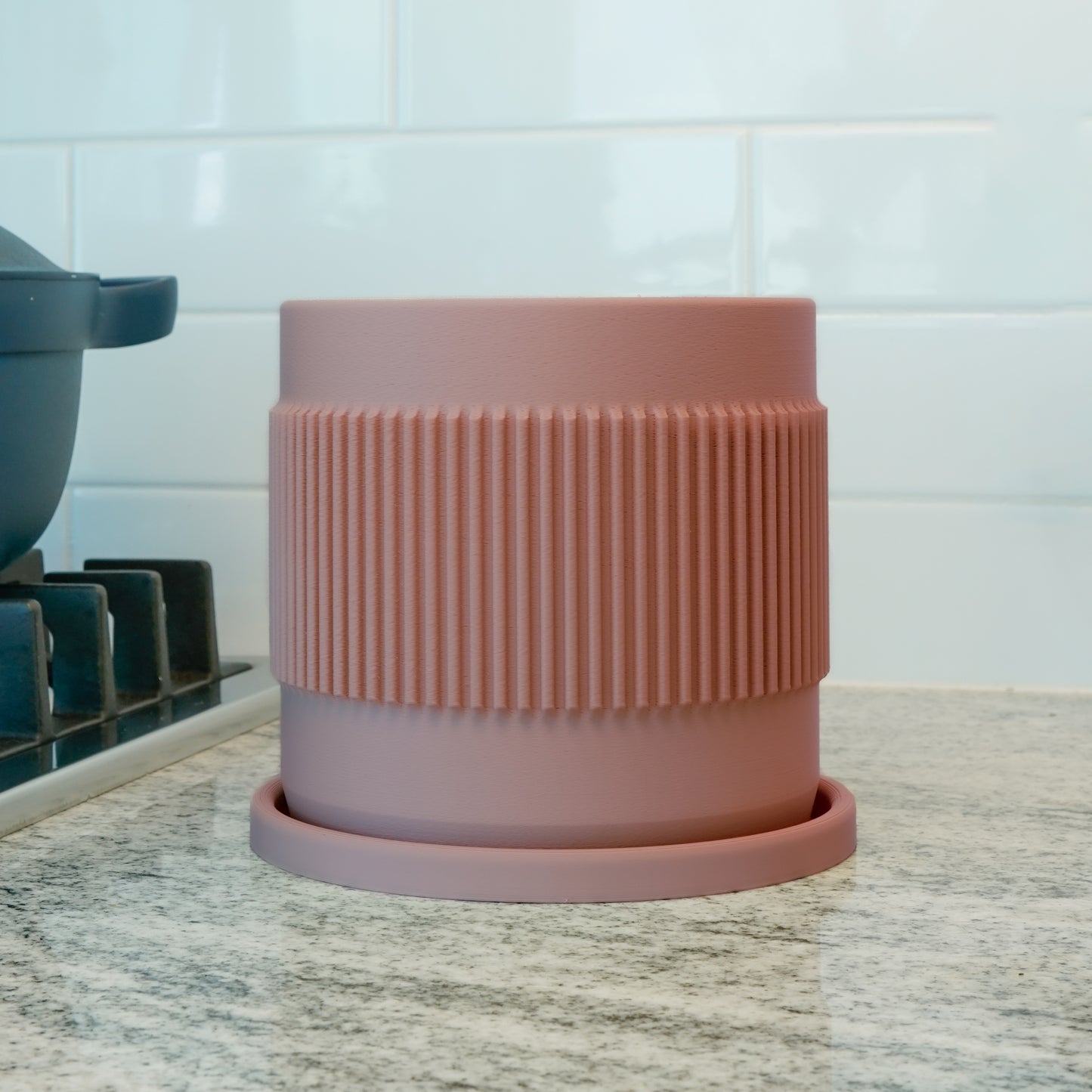 Half Mid-Century Ribbed Planter with Drainage and Saucer, 3D Printed Planter with Unique Modern Design, Lightweight Cottagecore Decor