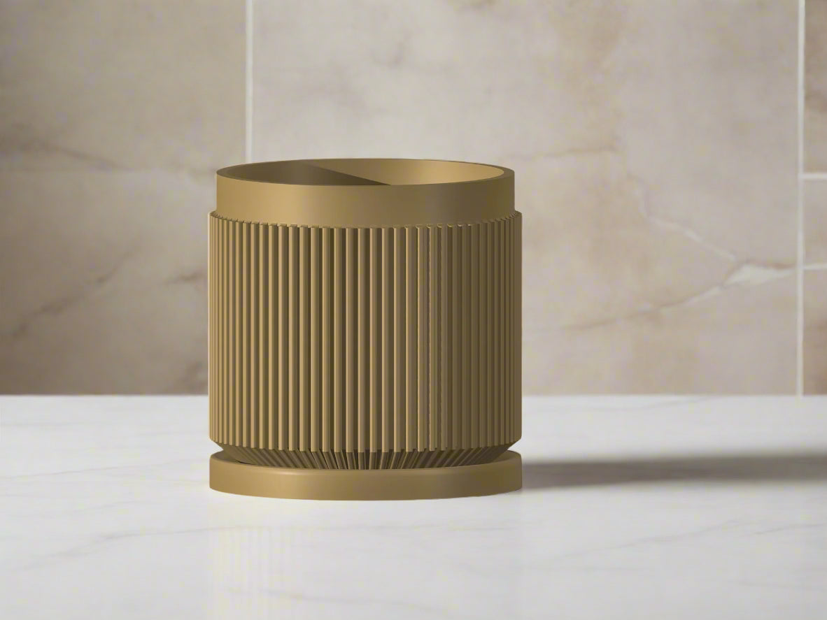 Small beige indoor planter with drainage and drip tray, modern home decor