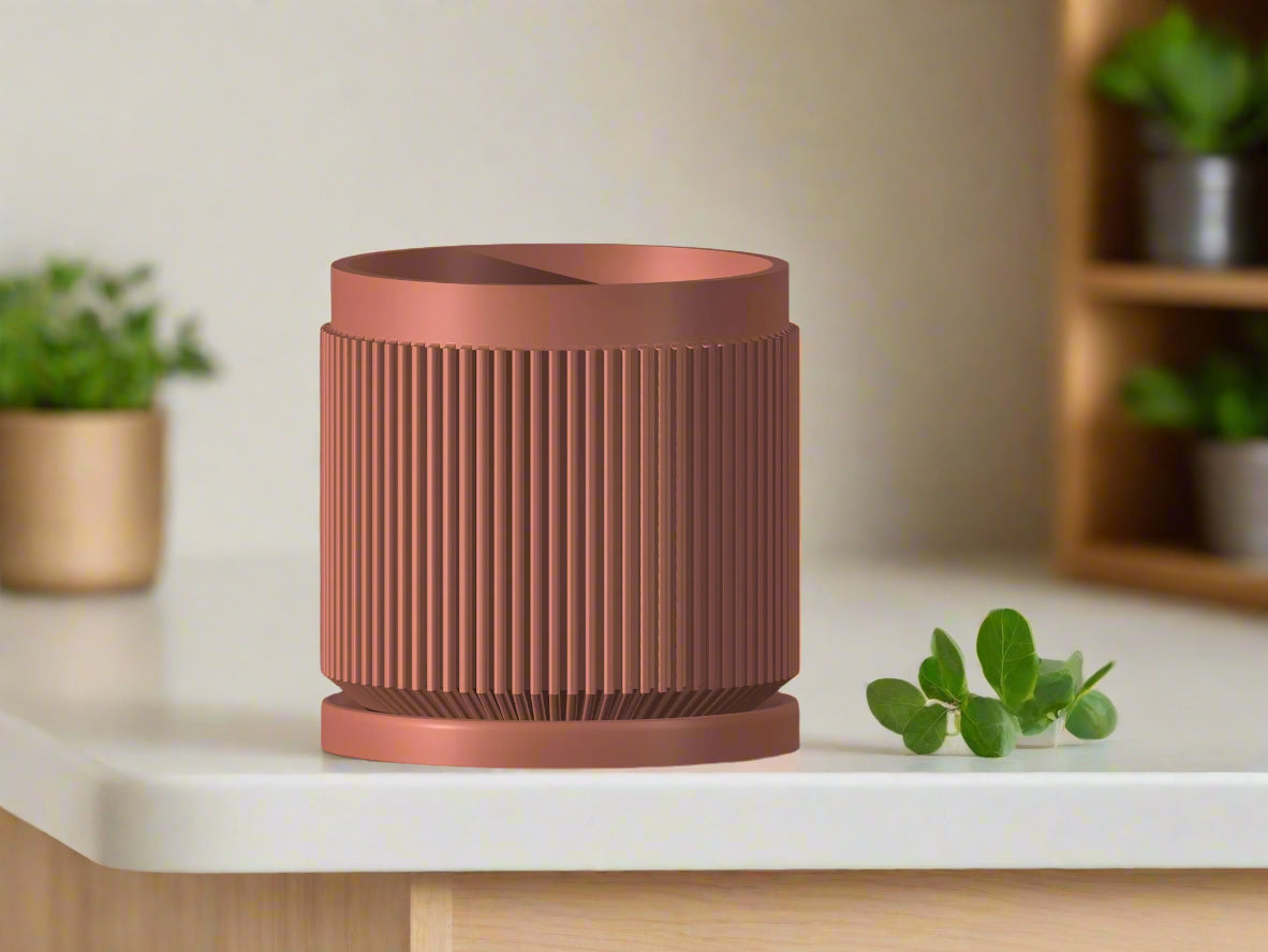 Modern ribbed planter with drainage and drip tray, 4 5 6 7 8 9 10 11 inch planters