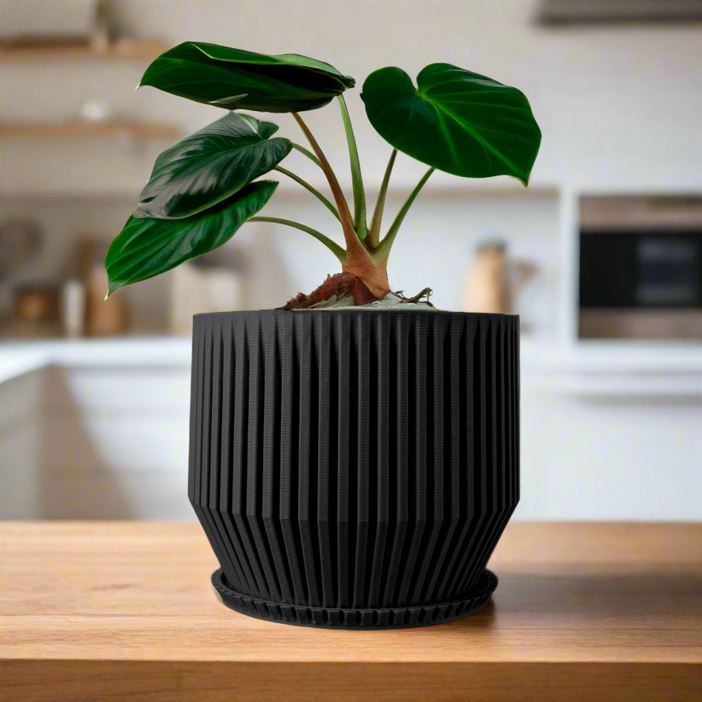 Unique Plant Pot with Drainage, 3D Printed Planter Pot Unique Modern Ribbed Design, Lightweight Skyline