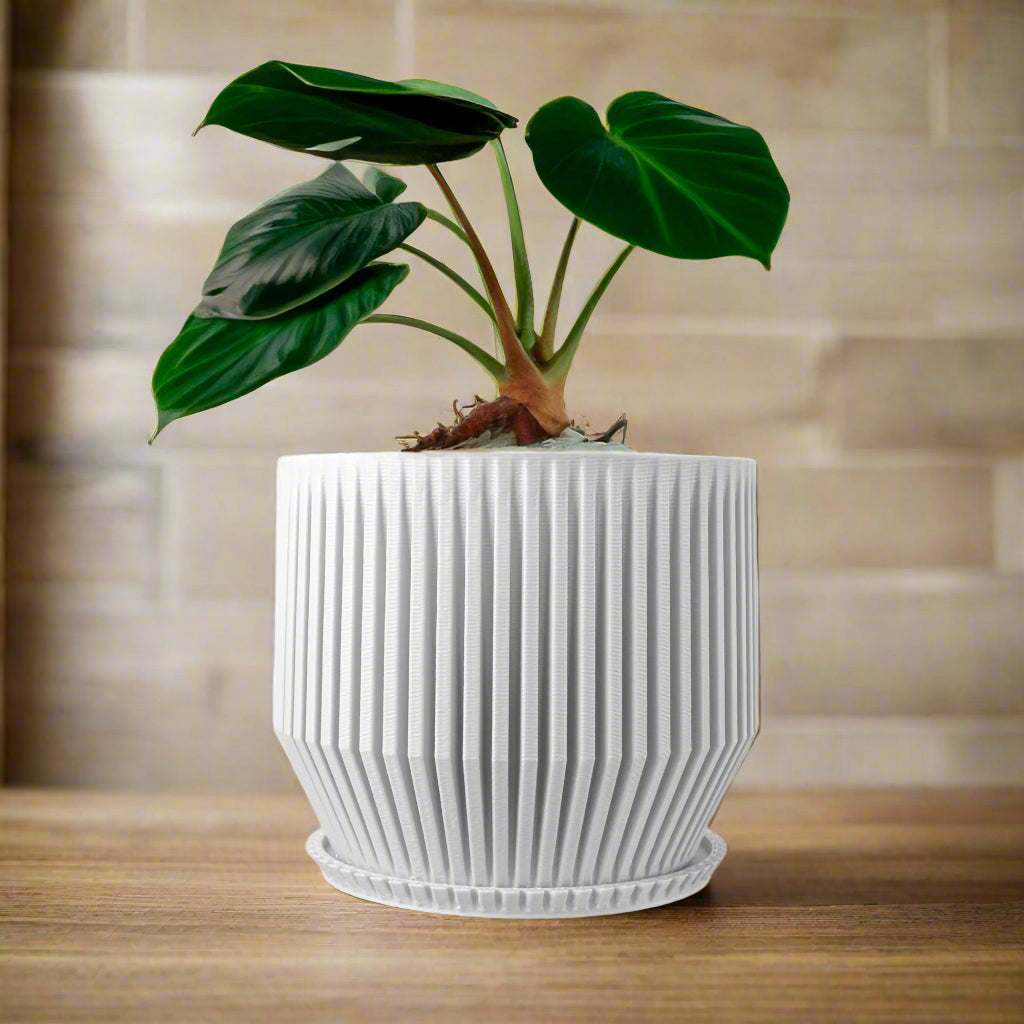 Unique Plant Pot with Drainage, 3D Printed Planter Pot Unique Modern Ribbed Design, Lightweight Skyline