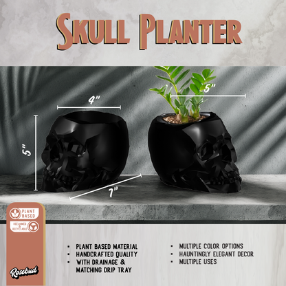skull plant pot Skull Plant Pot with Drainage and Drip Tray Black / 6"