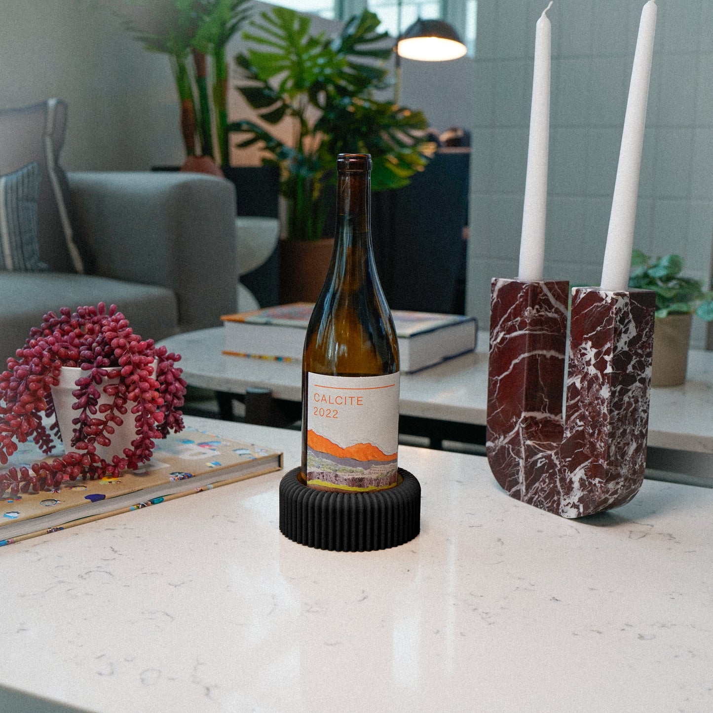 Mid Century Ribbed Wine Bottle Holder, Charcuterie Accessories, Eco-Friendly Housewarming Gift and Wine Display, 3D Printed Countertop Kitchen Decor, Rib