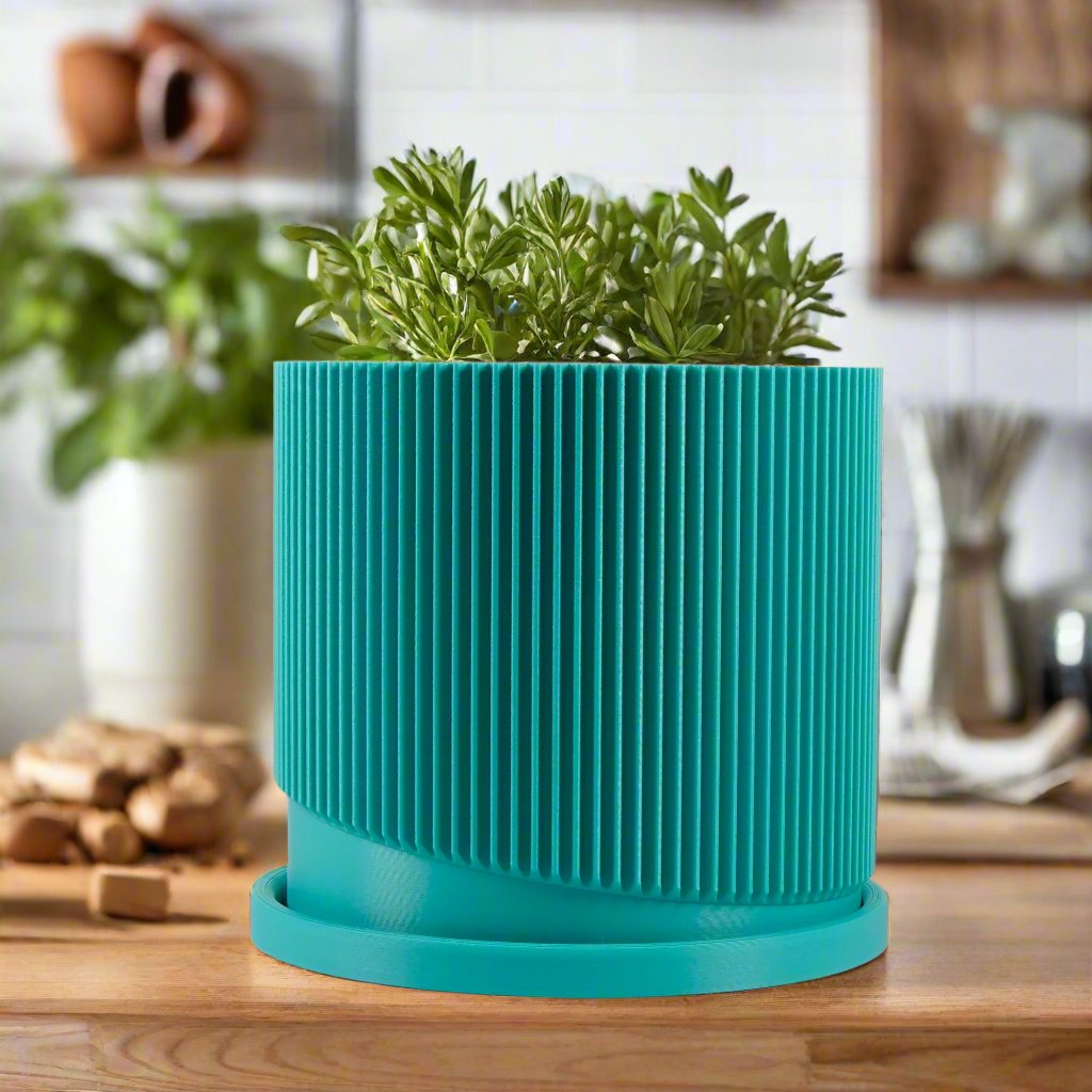 mid century modern planter pots Mid-Century Ribbed Planter with Drainage and Saucer in Multiple Colors, 3D Printed Planter with Unique Modern Design, Lightweight, Wave Mustard / 6