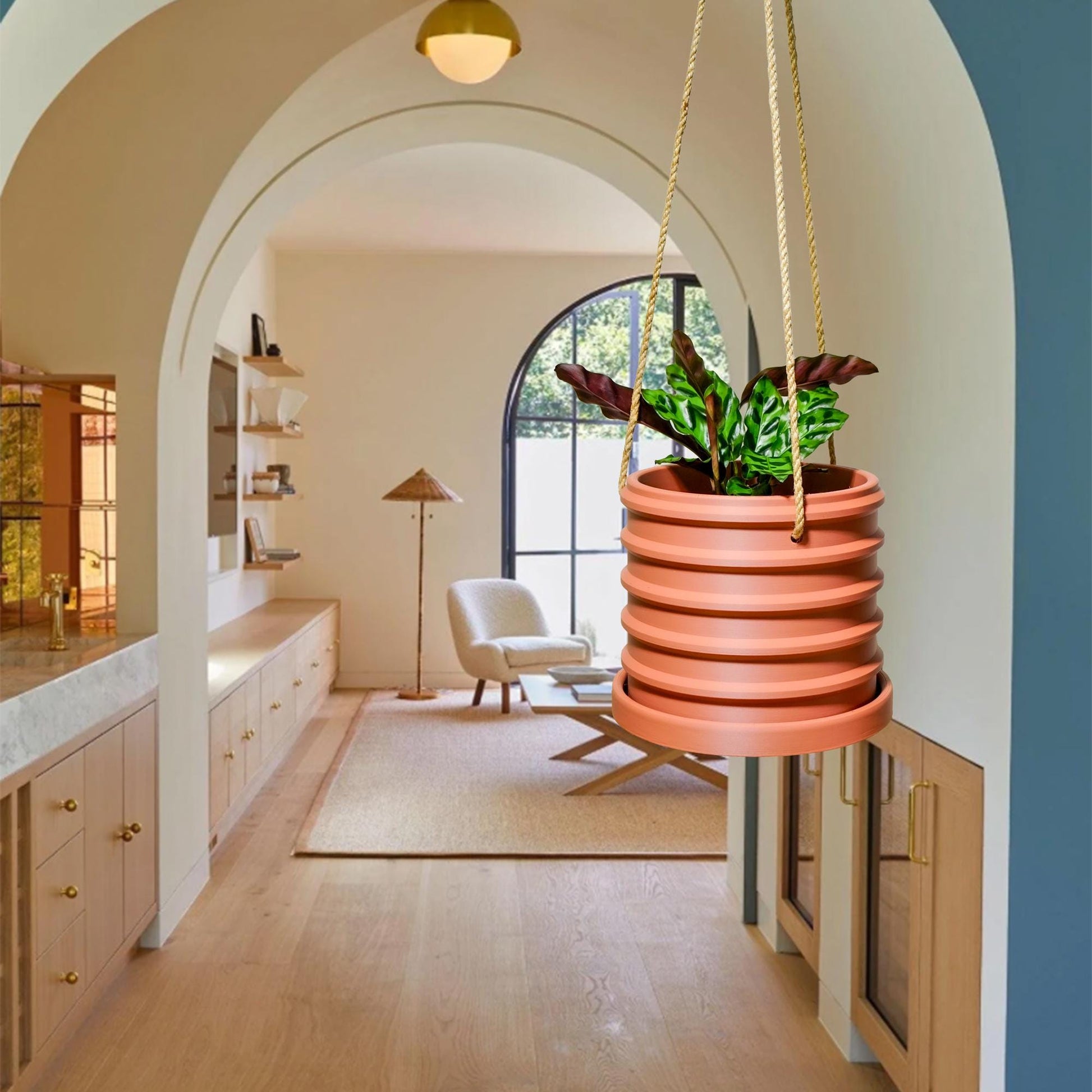 Hanging Planter for Plants With Attached Drip Tray, Indoor Outdoor Pot Unique Gift, Patio Decor, Cottagecore Decor, Entryway, Crest