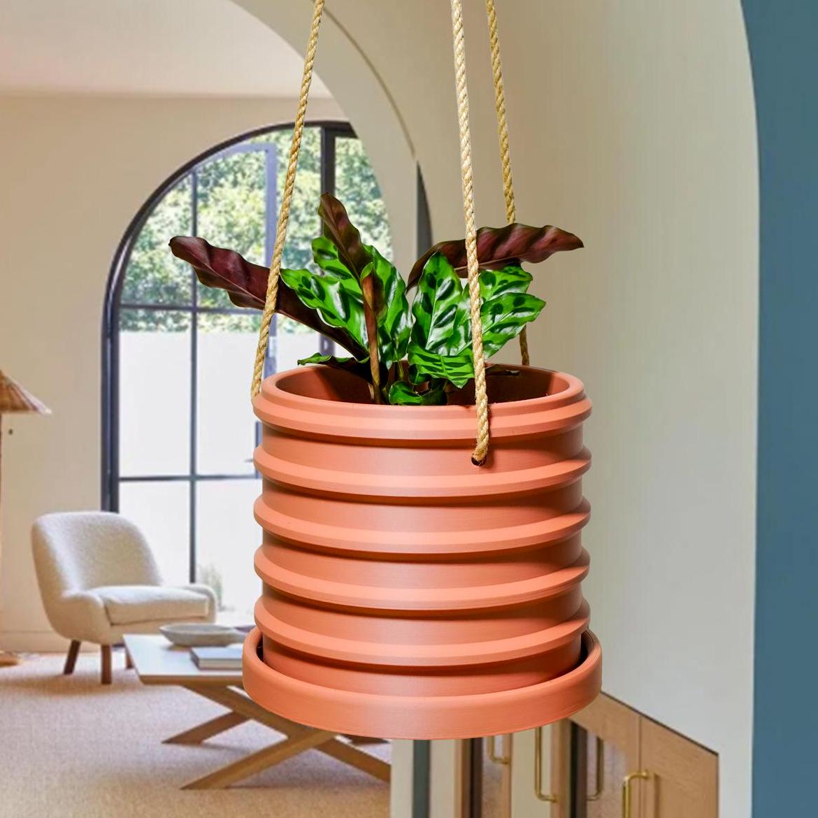 Hanging Planter for Plants With Attached Drip Tray, Indoor Outdoor Pot Unique Gift, Patio Decor, Cottagecore Decor, Entryway, Crest