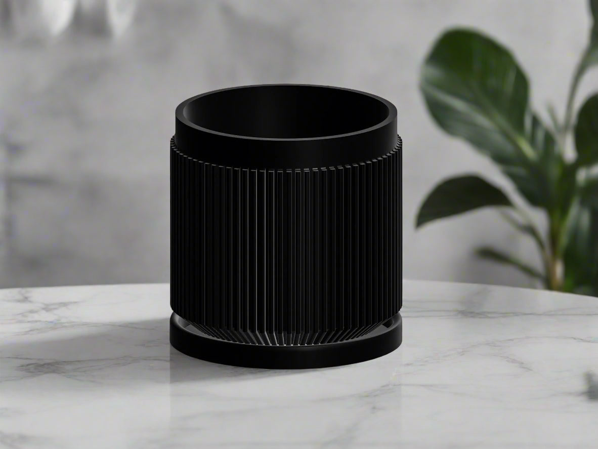 Modern Ribbed Planter with Drainage | 3D Printed Plant Pot 4–11 Inch | Black, White, Beige | Raised Letter Drip Tray