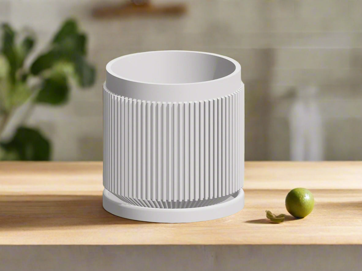 Modern Ribbed Planter with Drainage | 3D Printed Plant Pot 4–11 Inch | Black, White, Beige | Raised Letter Drip Tray