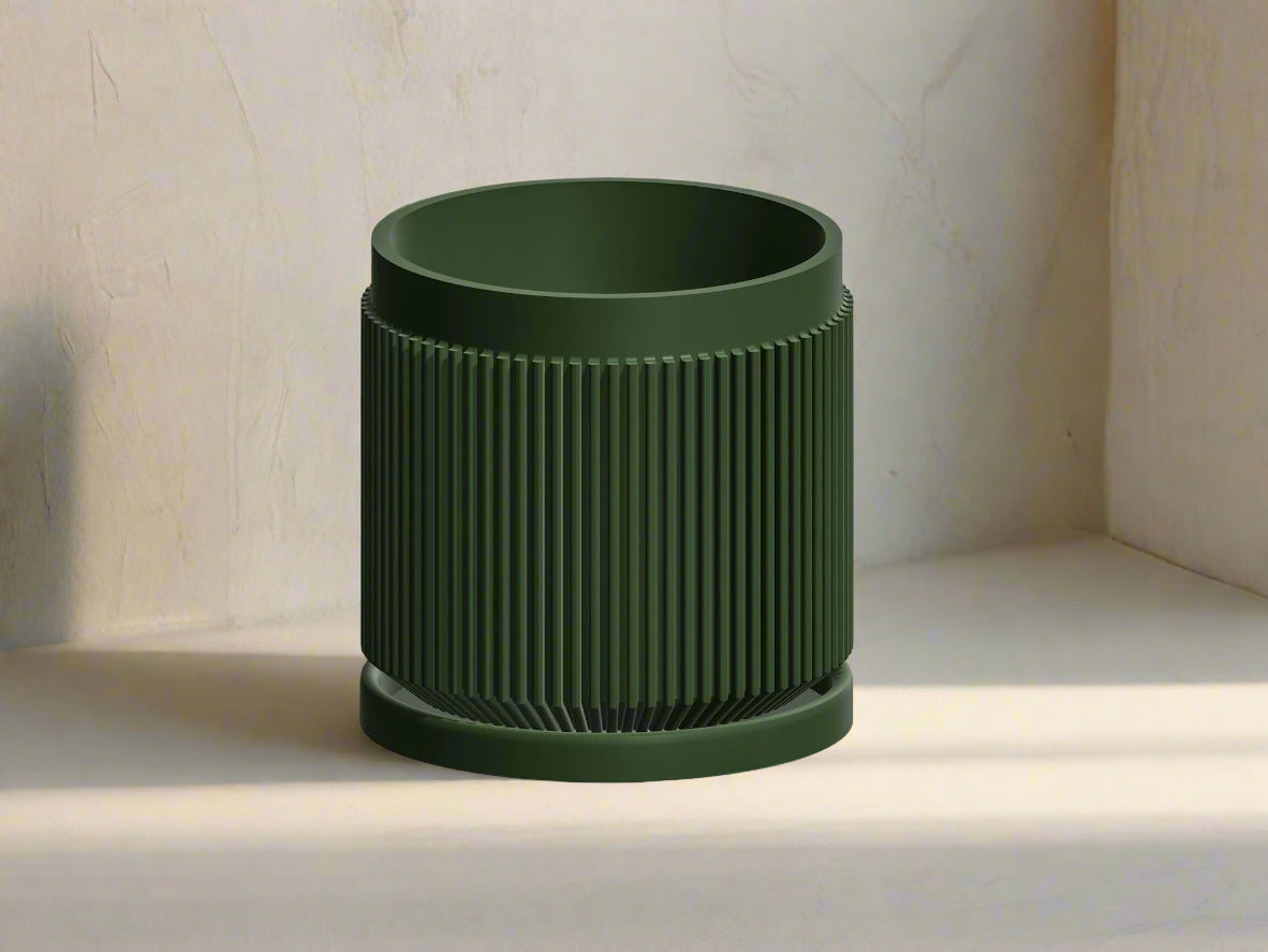 Modern Ribbed Planter with Drainage | 3D Printed Plant Pot 4–11 Inch | Black, White, Beige | Raised Letter Drip Tray