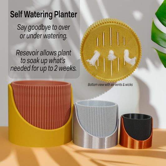 4 Inch Self Watering 3D Printed Planter, Large Indoor Outdoor Plant Pot with Drainage, Terracotta, Green, Beige, Modern Ribbed Design