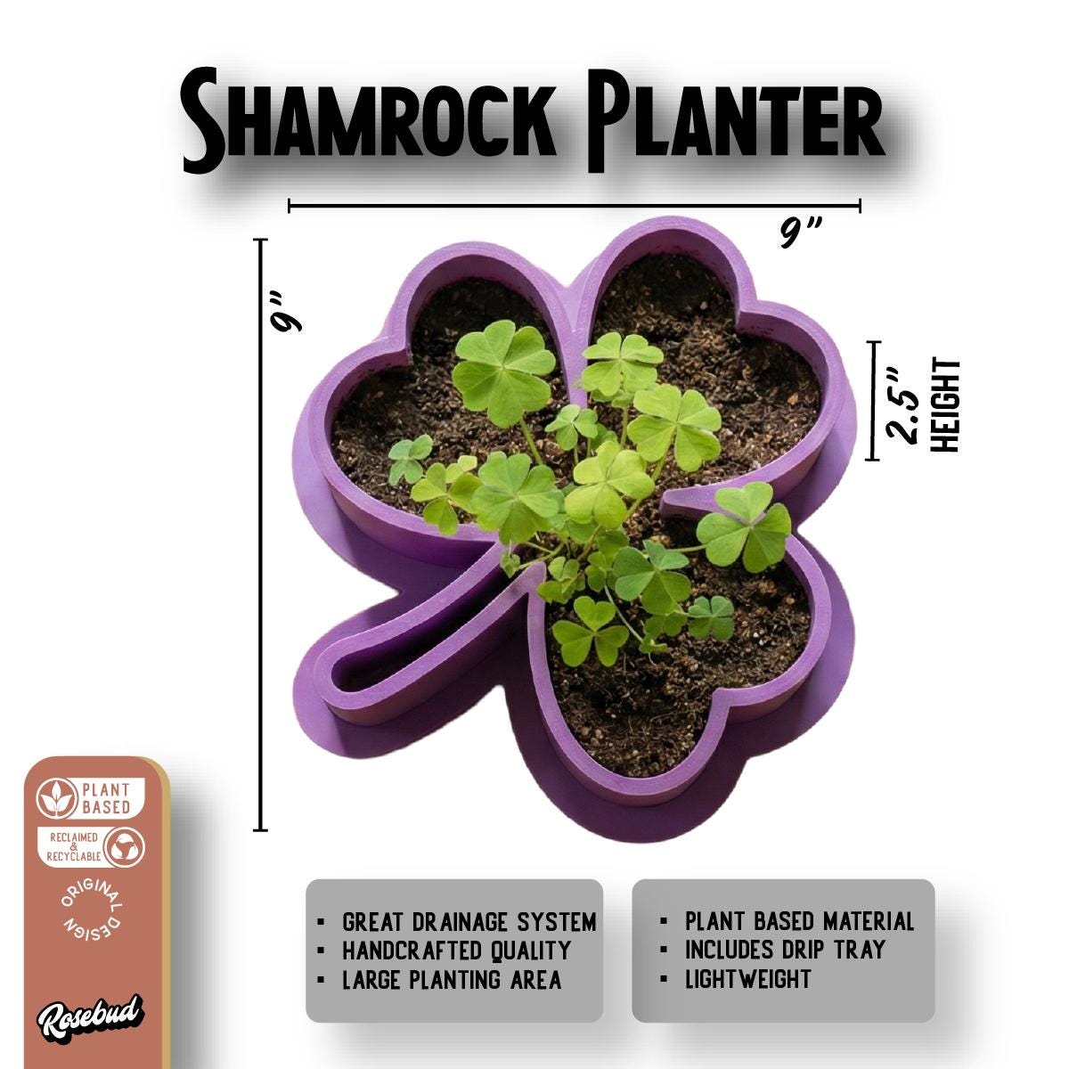 Shamrock Planter with Drip Tray 9 Inch Green Clover Succulent Bowl