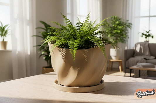 Modern Sculptural Planter with Drainage and Drip Tray Ripple Textured Plant Pot Indoor Minimalist Decor Small Medium Large, Rosebud