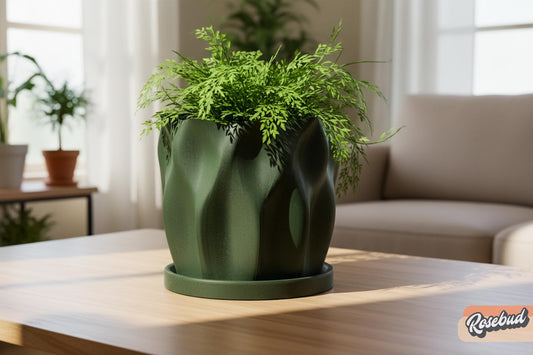 Large green tulip planter with drainage and saucer holding green fern in sunlit window