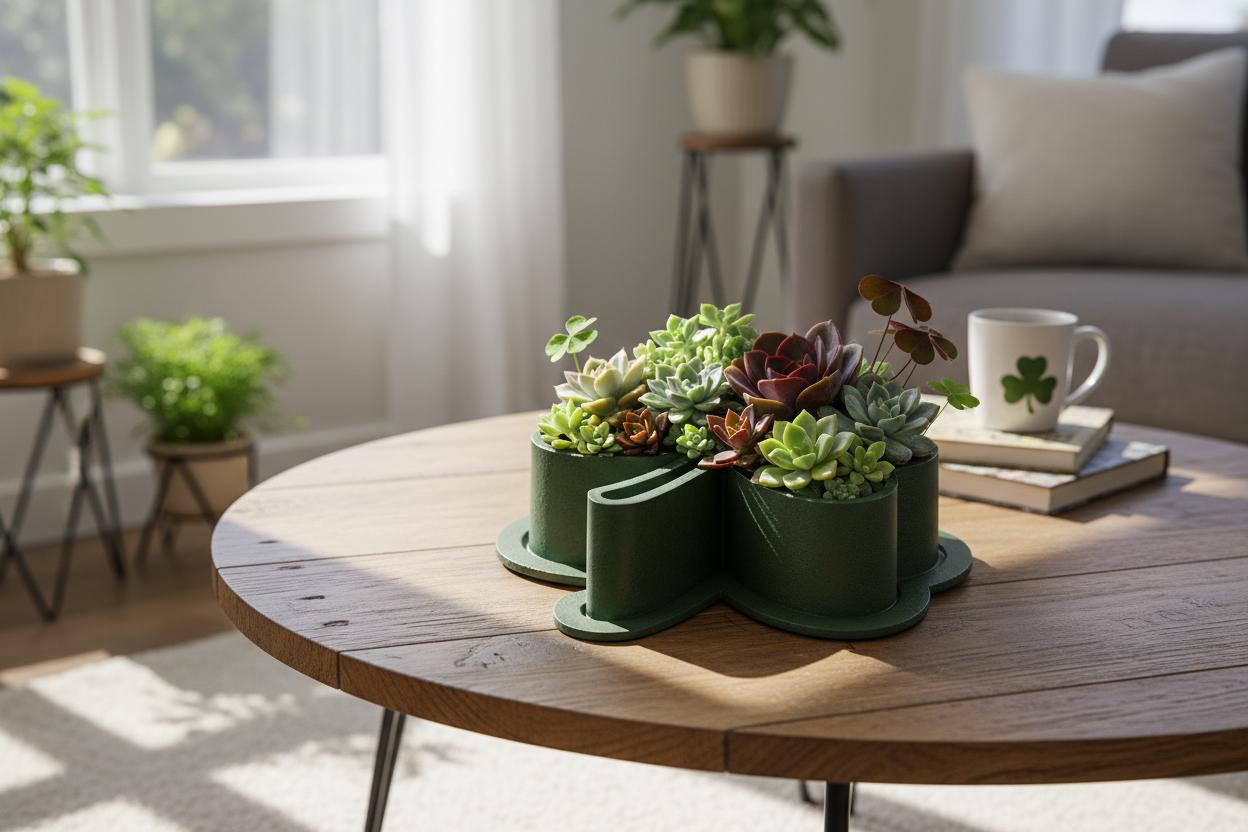 Shamrock Planter with Drip Tray 9 Inch Green Clover Succulent Bowl