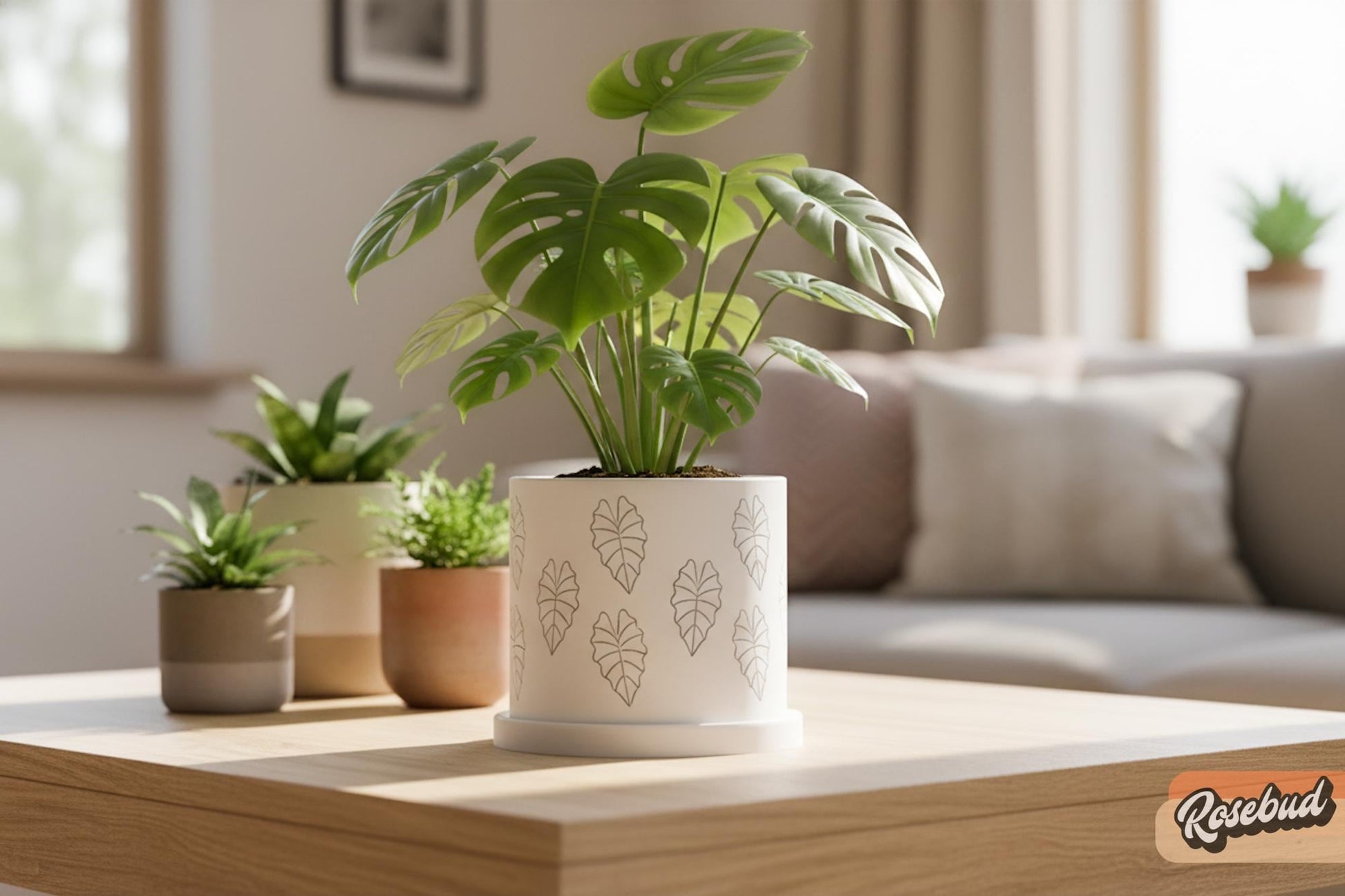 Modern white 3d printed planter with embossed alocasia leaf pattern matching drip tray