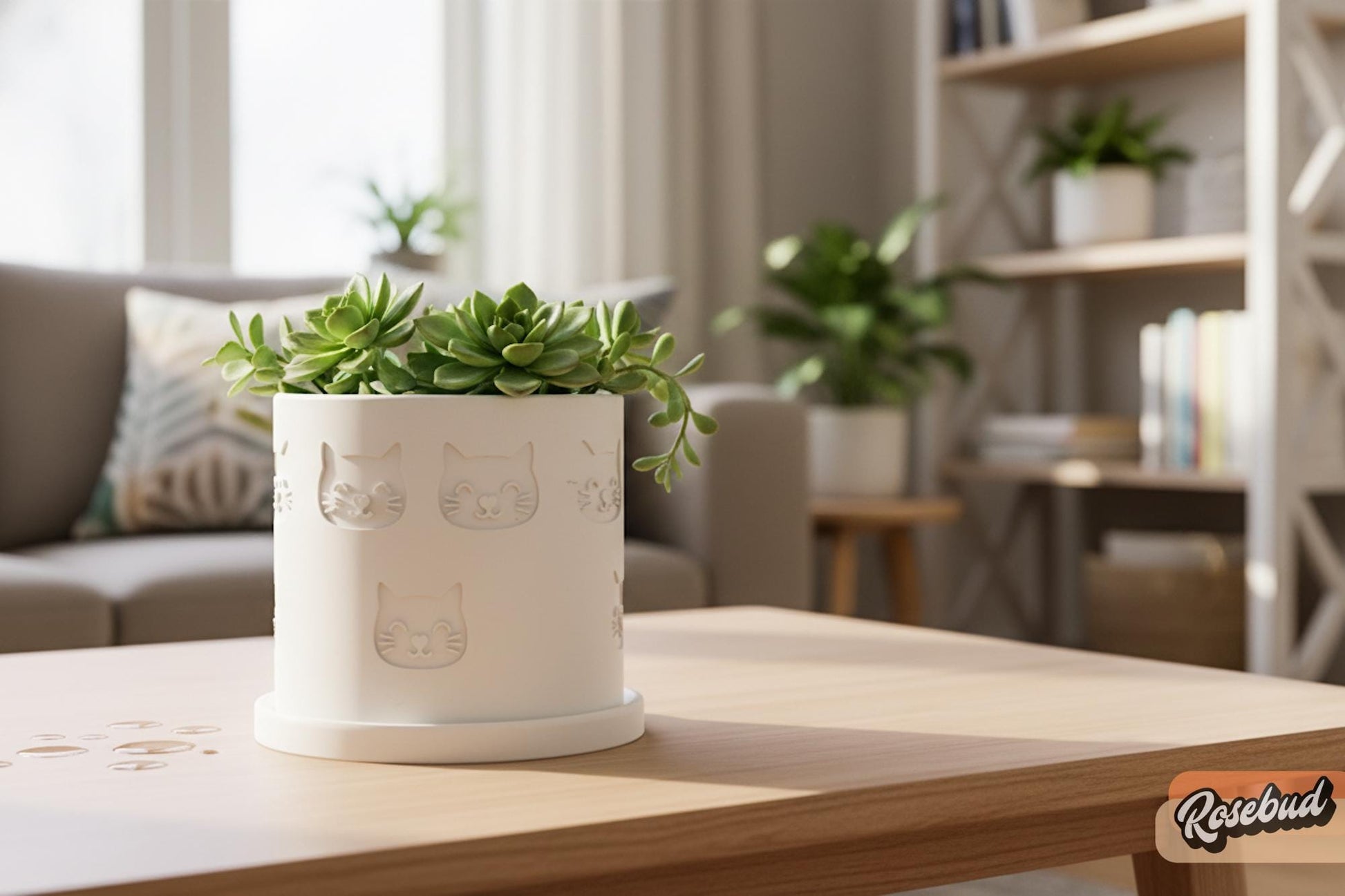 Close-up of embossed cat face texture on planter