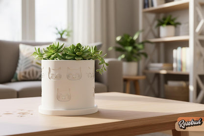 Close-up of embossed cat face texture on planter