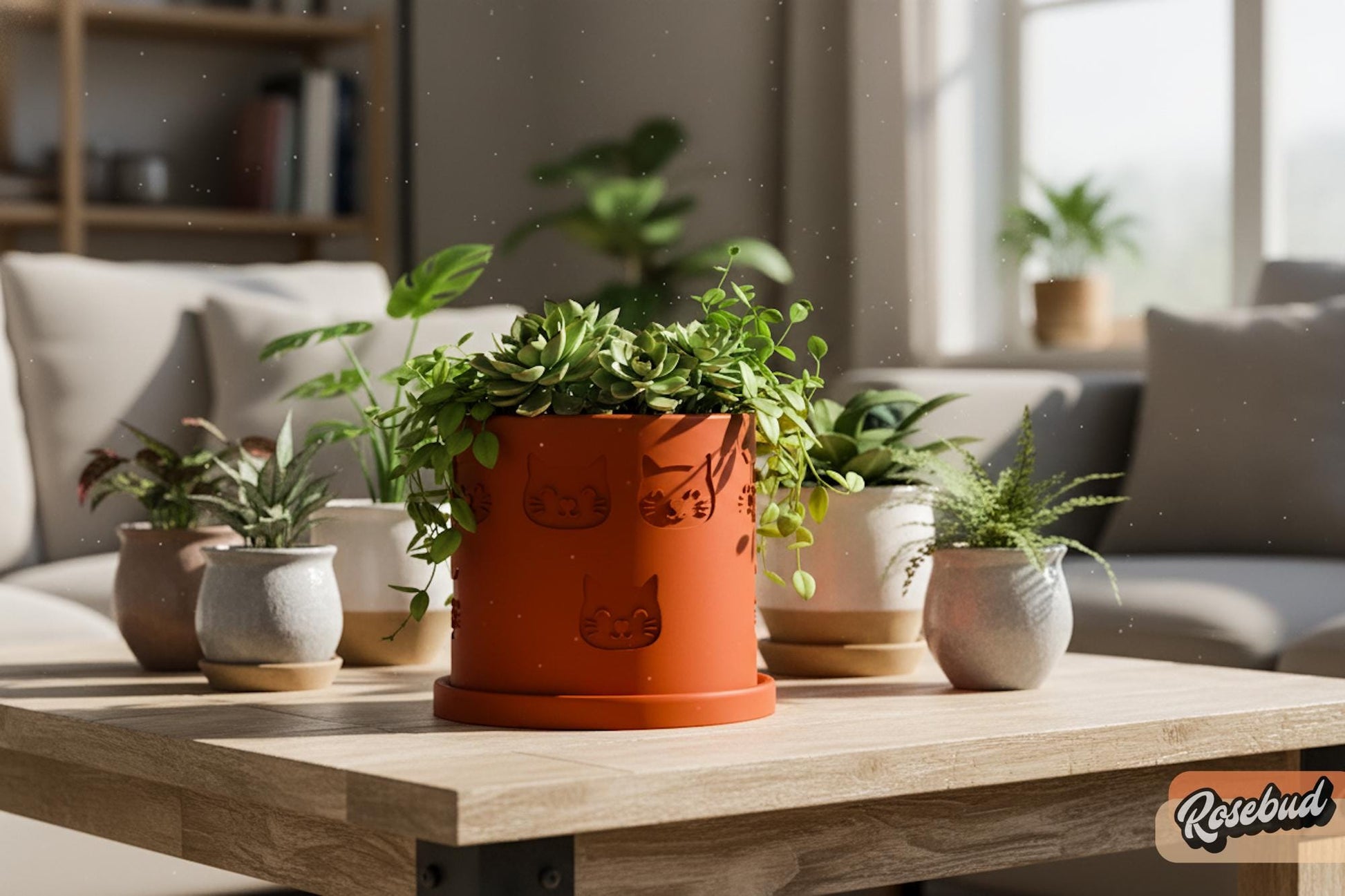 Lightweight indoor cat planter styled with succulent plants