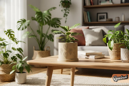 Lightweight indoor plant pot styled with tropical houseplants