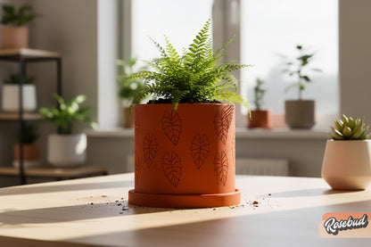 Modern alocasia inspired planter displayed in apartment decor