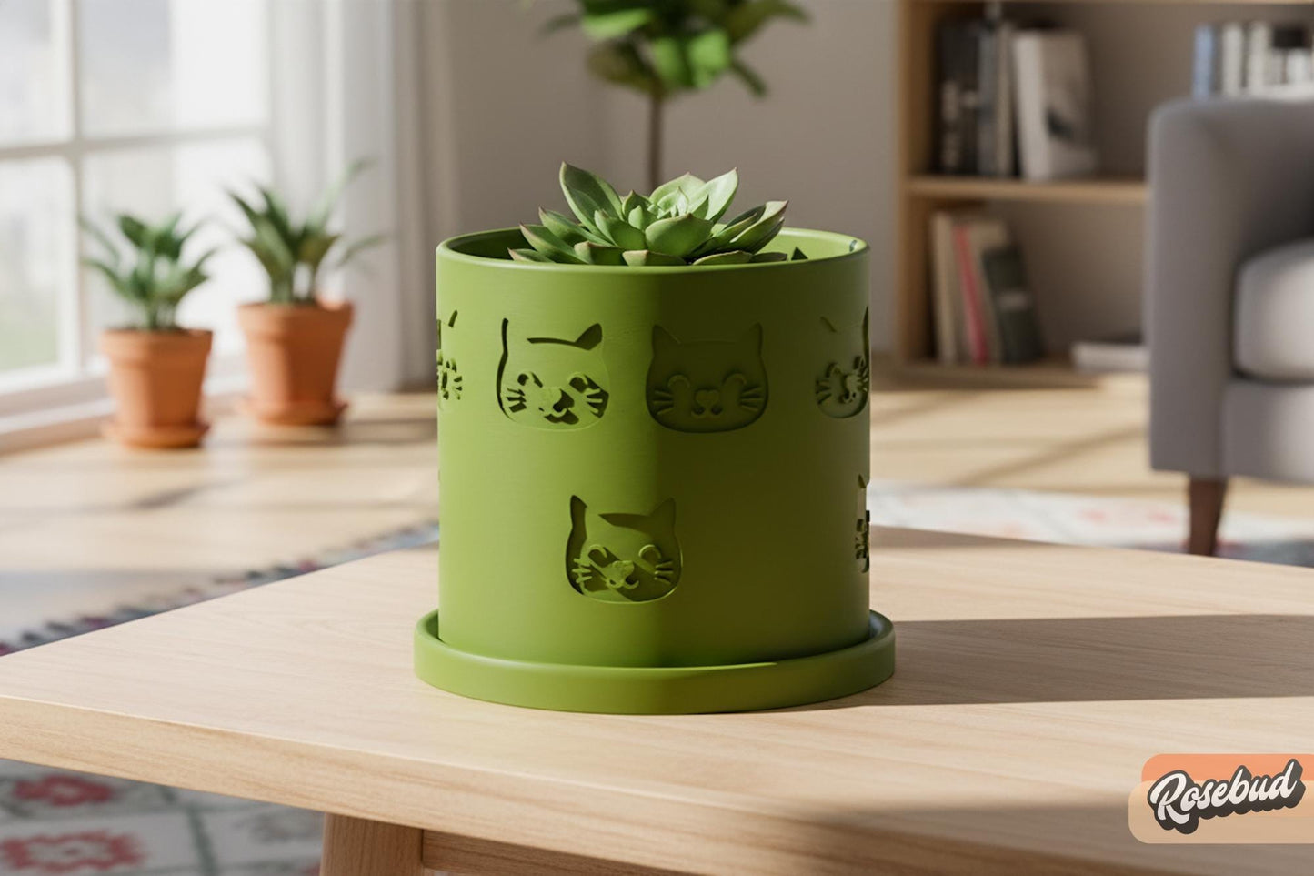Modern green 3D printed cat planter with embossed cat face pattern and matching drip tray And excellent drainage