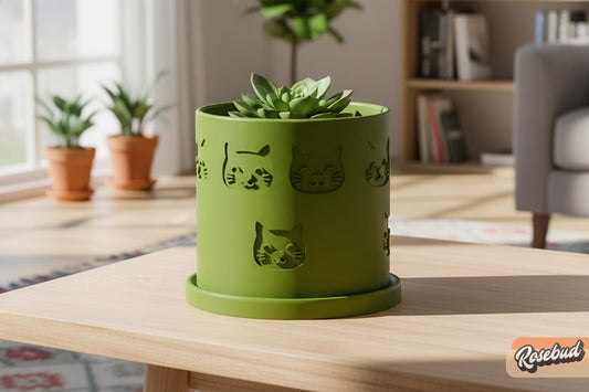 Modern green 3D printed cat planter with embossed cat face pattern and matching drip tray And excellent drainage