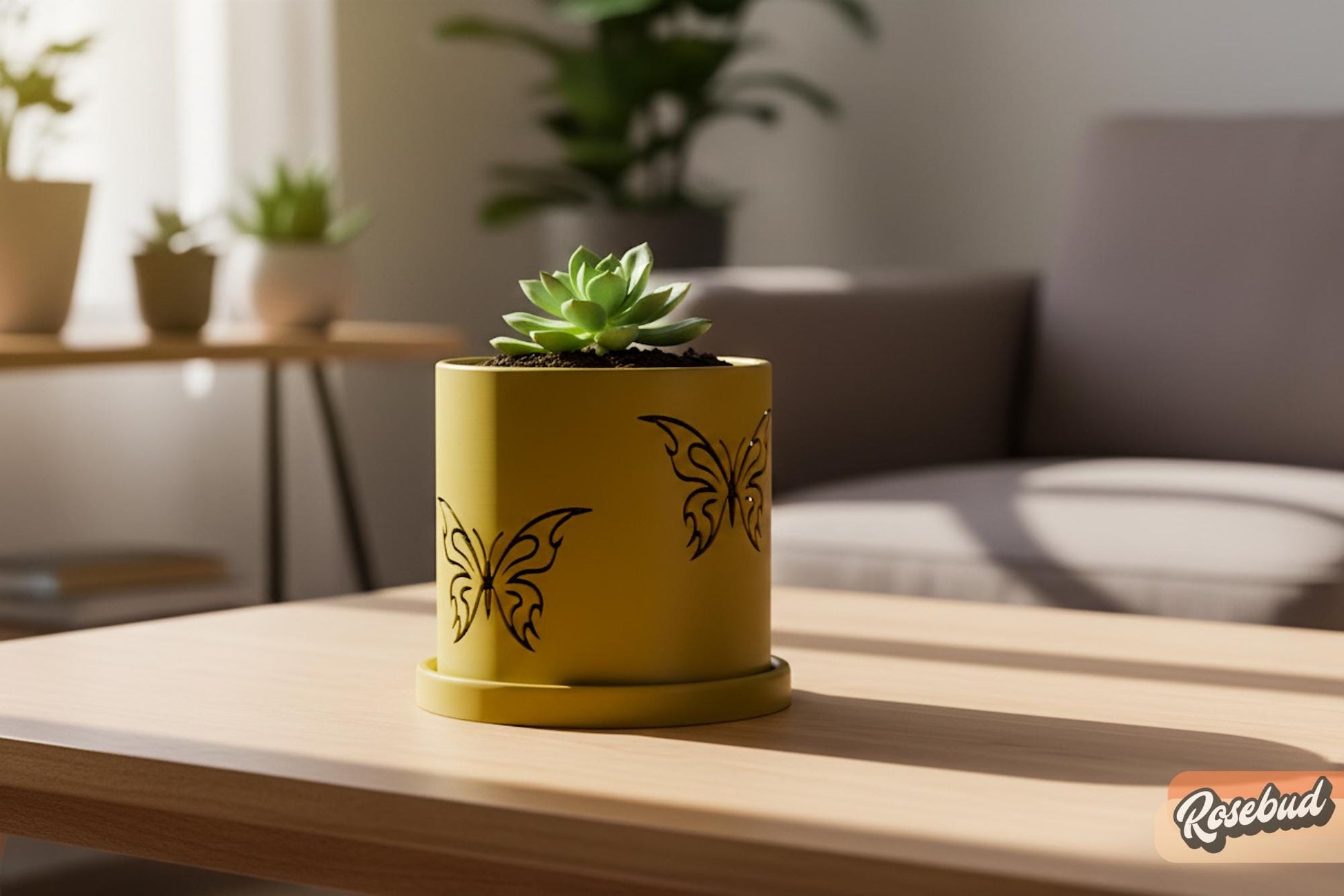 Yellow butterfly planter with delicate butterfly pattern and matching tray