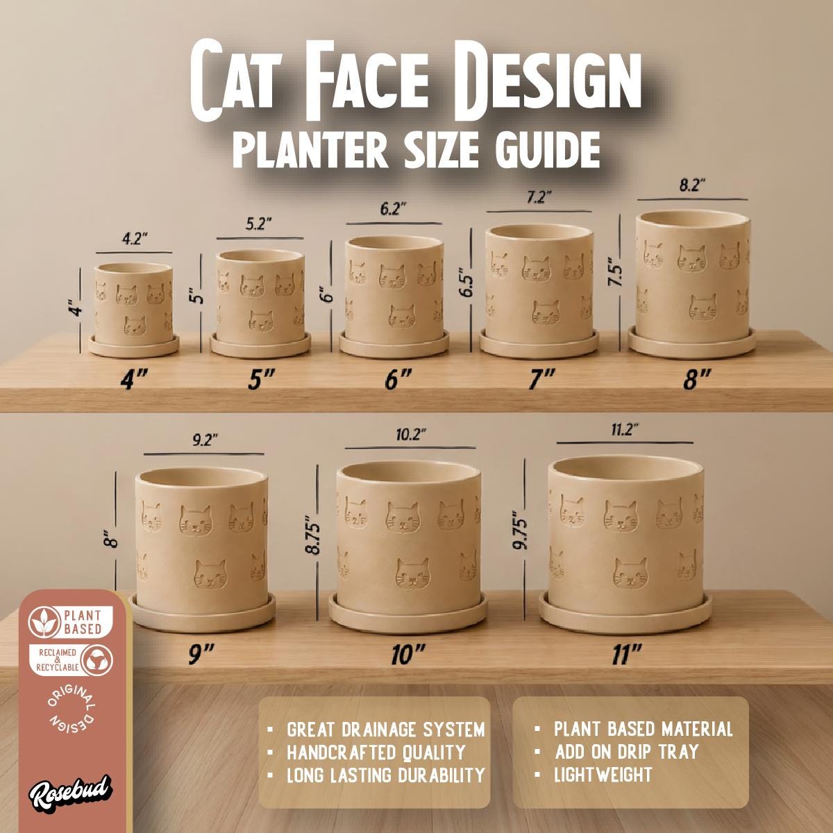 3D Printed Cat Planter Pot, Indoor Plant Pot with Drainage Tray, Lightweight Modern Houseplant Planter, 4–11 Inch Sizes