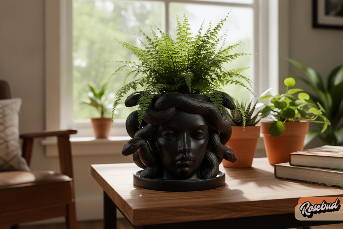Black Medusa face planter with detailed snake hair and a green fern styled as gothic indoor plant decor.