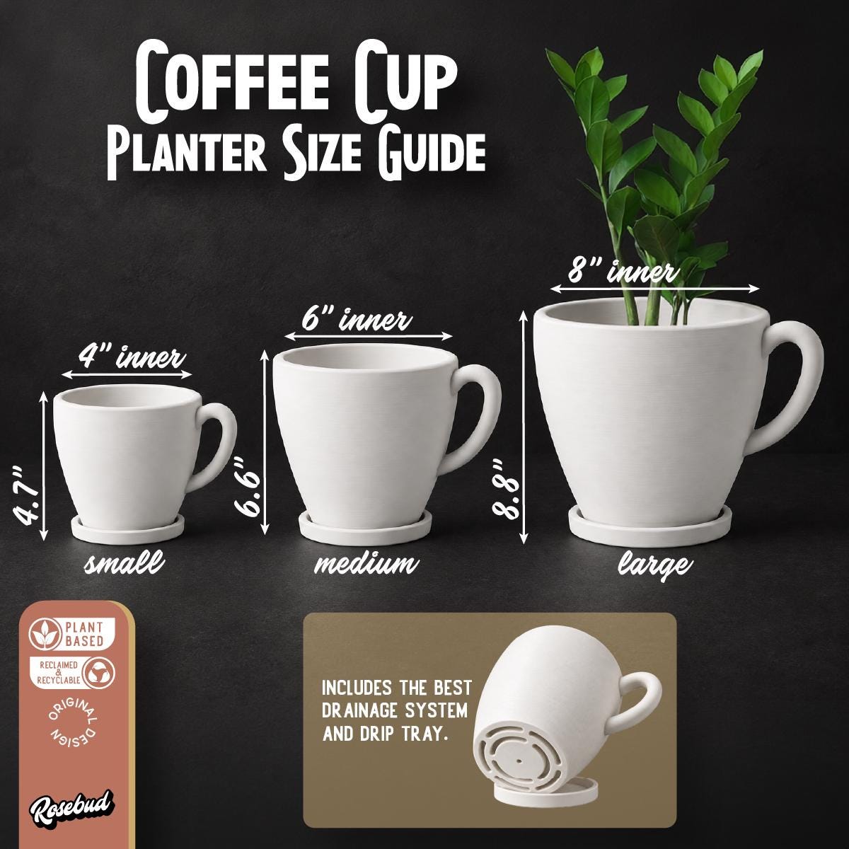 Coffee Cup Planter with Drainage & Drip Tray, 3D Printed Plant Pot, Succulent Planter, Indoor Planter, 4 6 8 Inch Pot, 22 Colors
