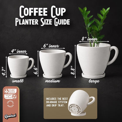 Coffee Cup Planter with Drainage & Drip Tray, 3D Printed Plant Pot, Succulent Planter, Indoor Planter, 4 6 8 Inch Pot, 22 Colors