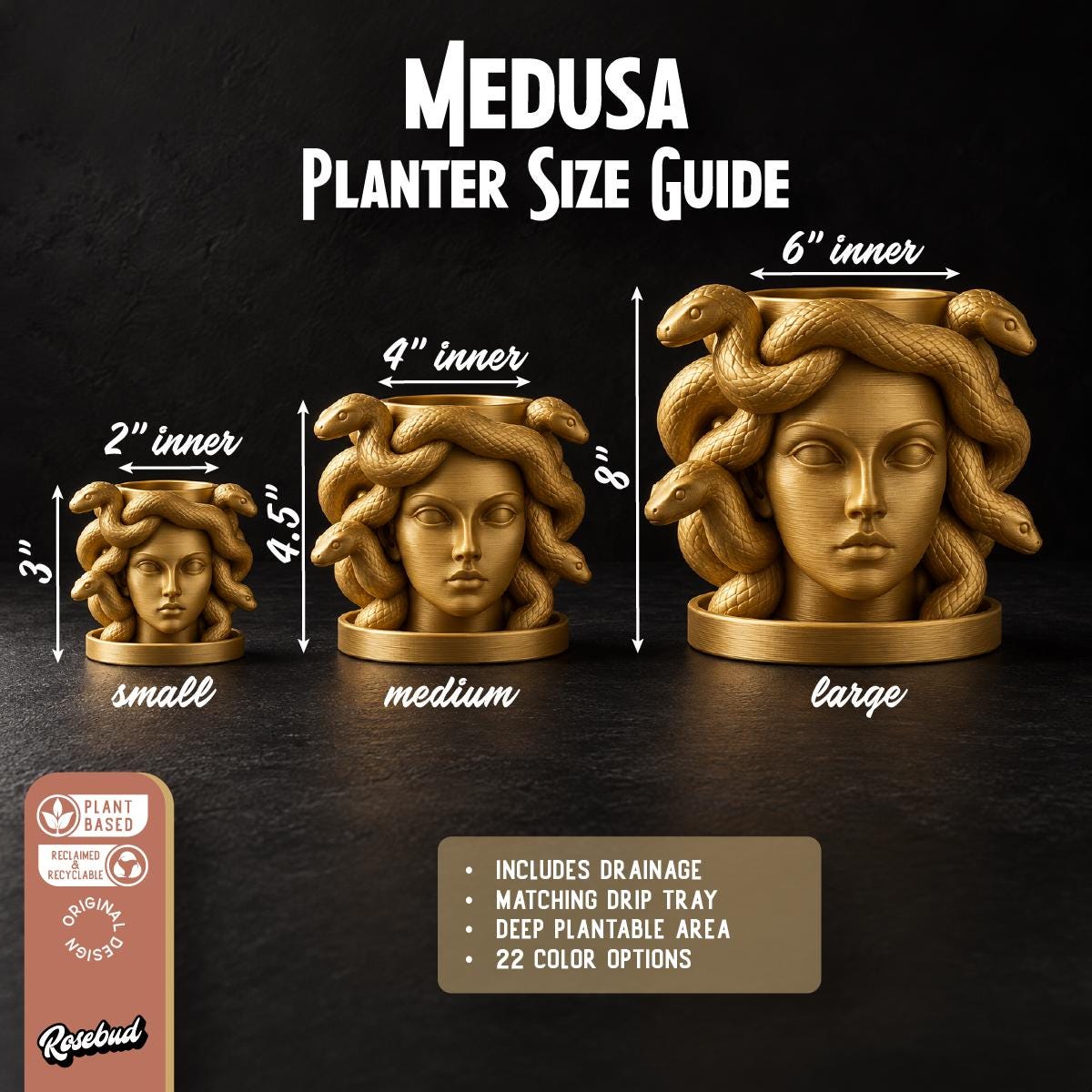 Medusa Planter with Drainage & Drip Tray, Snake Hair Face Planter, 3D Printed Greek Mythology Plant Pot, 22 Colors, Fits 2 4 6 Inch Plants