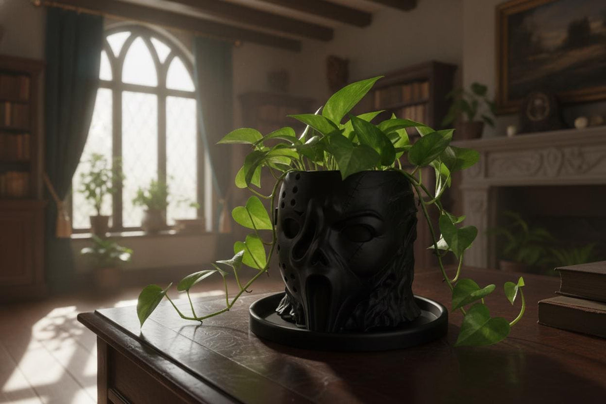 Black slasher-inspired planter with long trailing pothos displayed on a dark wood table.