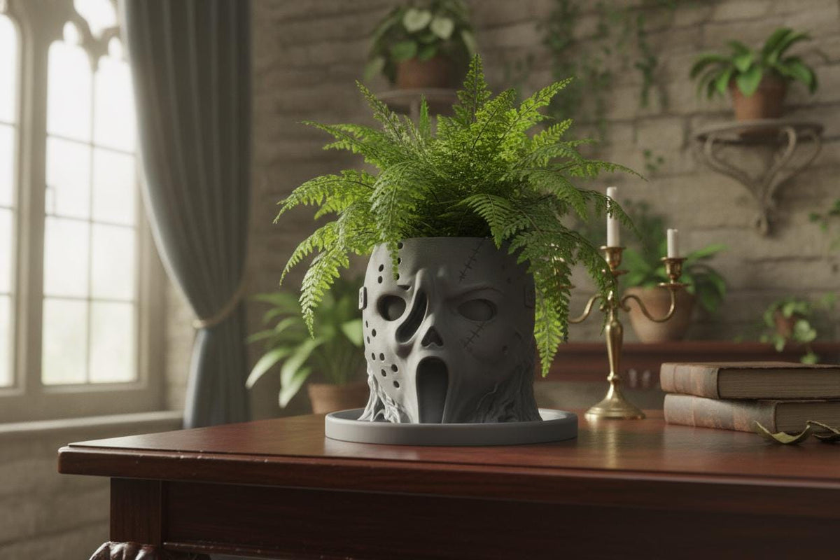 Gray horror mask planter with fern, drainage and matching drip tray styled in a dark gothic room.