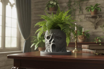 Gray horror mask planter with fern, drainage and matching drip tray styled in a dark gothic room.
